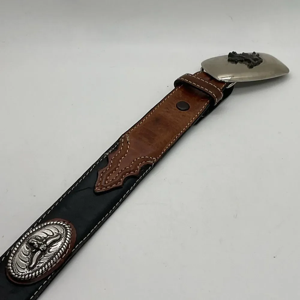 Nocona Brown And Black Leather Belt with Silver Toned embellishments